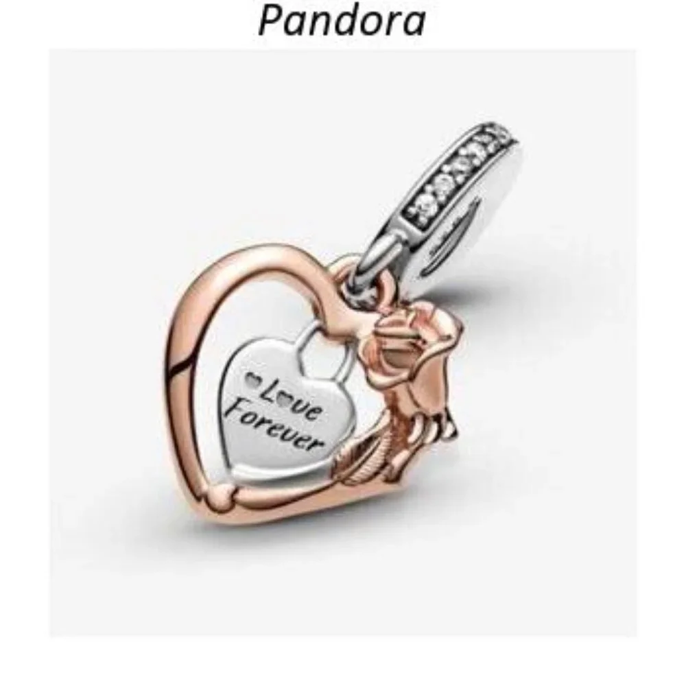 Pandora Heart & Rose Flower Dangle Charm